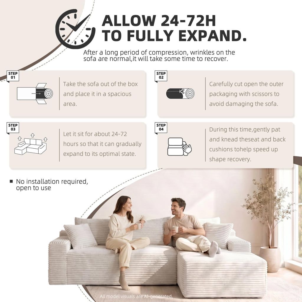 95" L‐Shaped Modular Cloud Corduroy Boneless Sectional Sofa