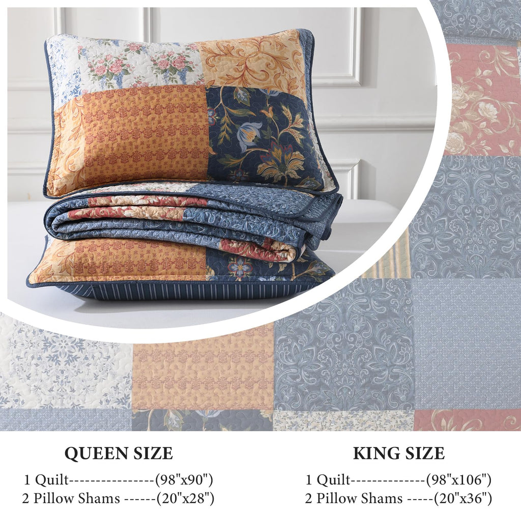 Vintage Cottage 100% Cotton Quilts, Patchwork Floral Plaid