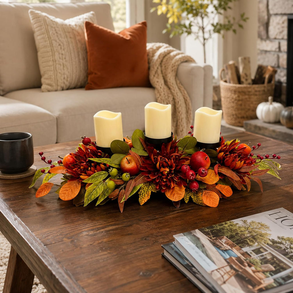 26 Inch Fall 3 Candle Holder with Faux Apples, Mums and Berries | 3 Candle Cups with Faux Apples, Red Mums and Autumn