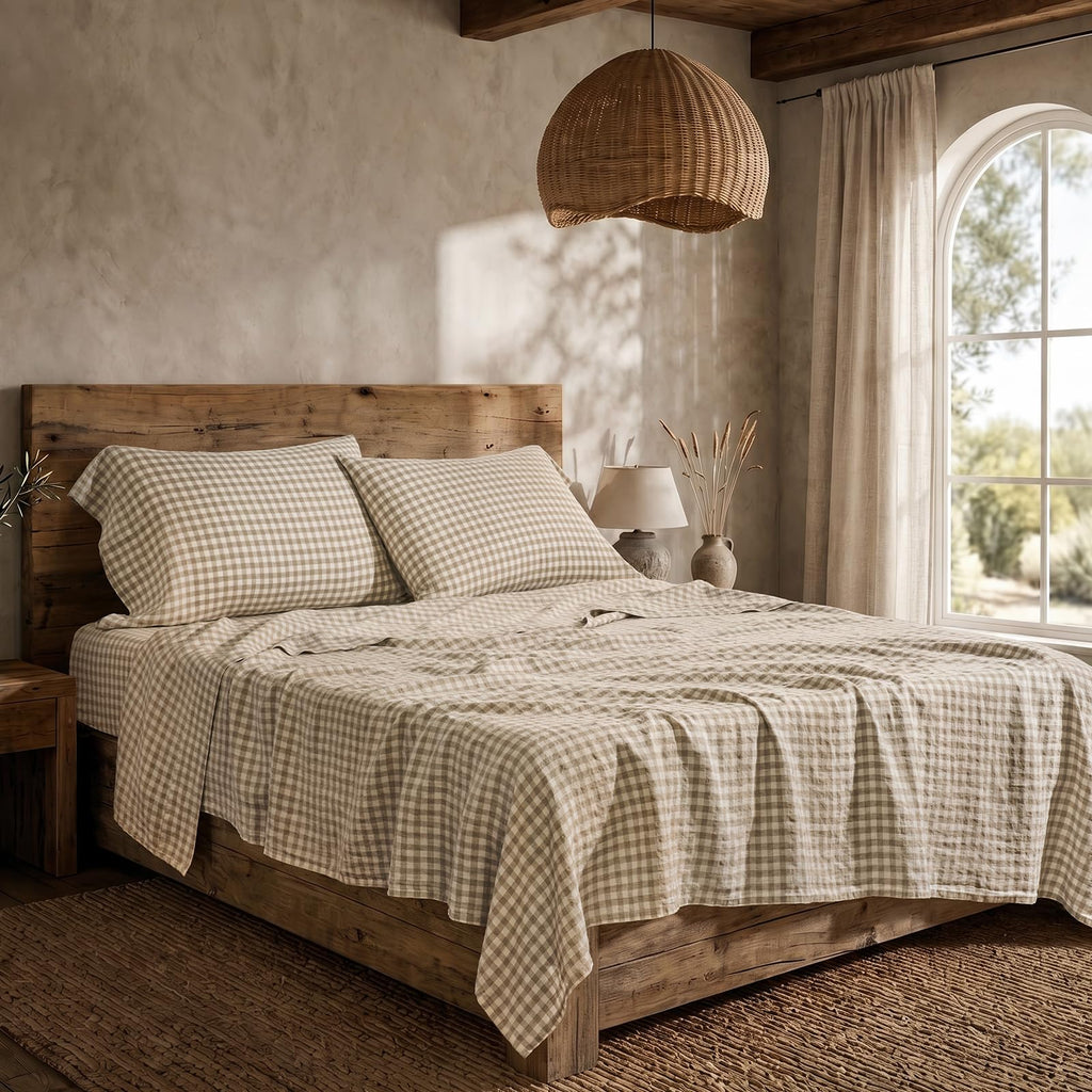 100% European Flax Linen Sheet Set, Natural Gingham