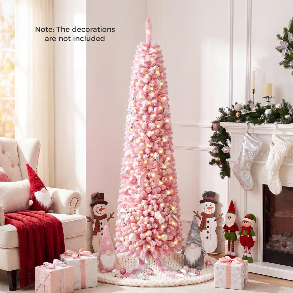 6 FT Pre-Lit Artificial Christmas Tree, Pink Slim Pencil Tree