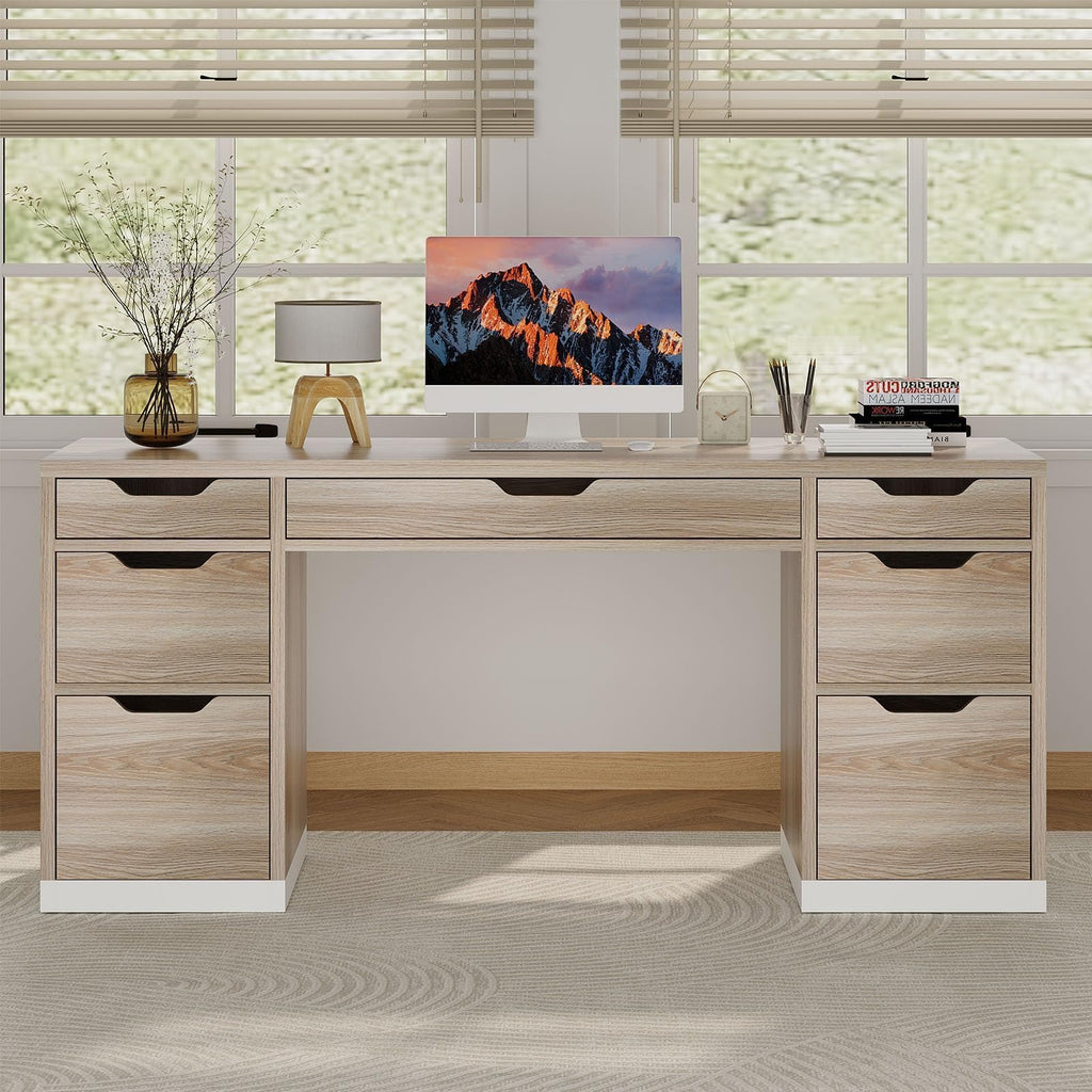 Home Office Desk with Drawers, 54 Inch Computer Desk with Storage, Study Writing Desk with 7 Drawers for Small