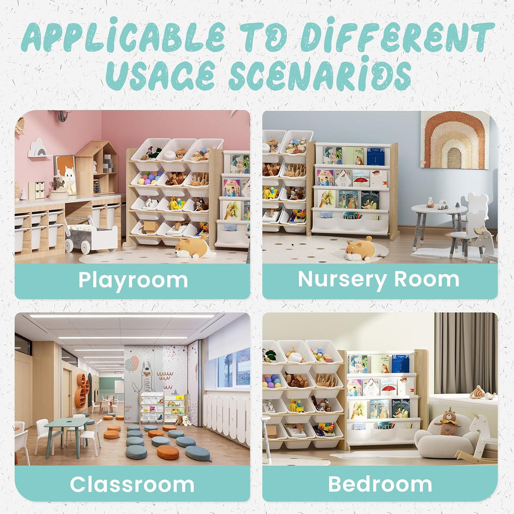 Kids Toy Storage Organizer - Toy Organizer with Bookshelf, Toy Storage with 12 Toy White Bins and 4 Book Shelves, Toy