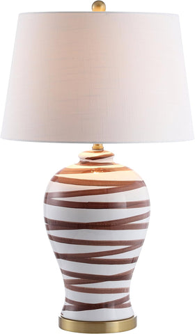 29" Brown/White Ceramic Table Lamp Bedroom Office, Modern Coastal Bedside Lamp with White Linen Shad