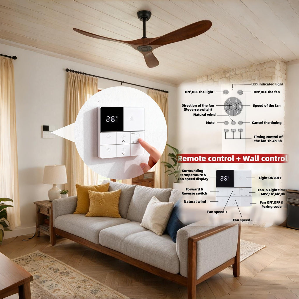 60 Inch Solid Wood Ceiling Fan Without Light, 3 Blade Modern Propeller Ceiling Fan with Remote Control, Quiet