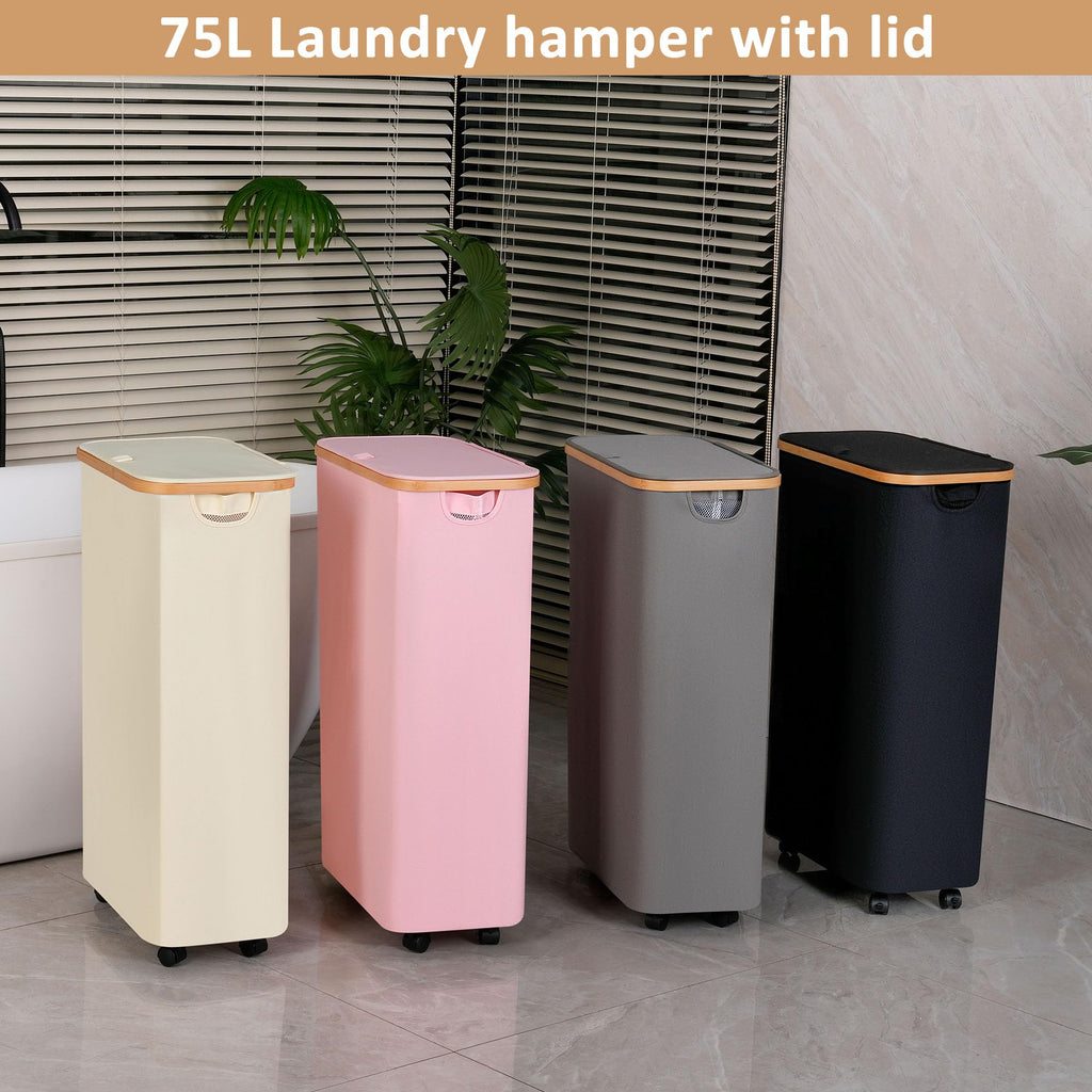Laundry Hamper with Wheels, 75L Laundry Basket with Bag,Black