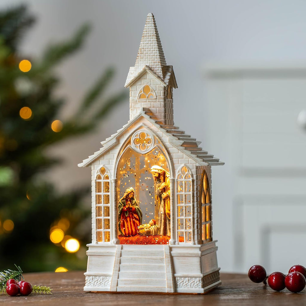 Christmas Nativity Snow Globe Lantern Musical Holy Family Lighted Water Church with Silent Night Music for Christmas