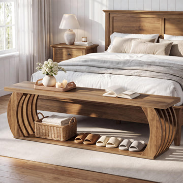 End of Bed Bench, 63" Farmhouse Bedroom Bench with Storage