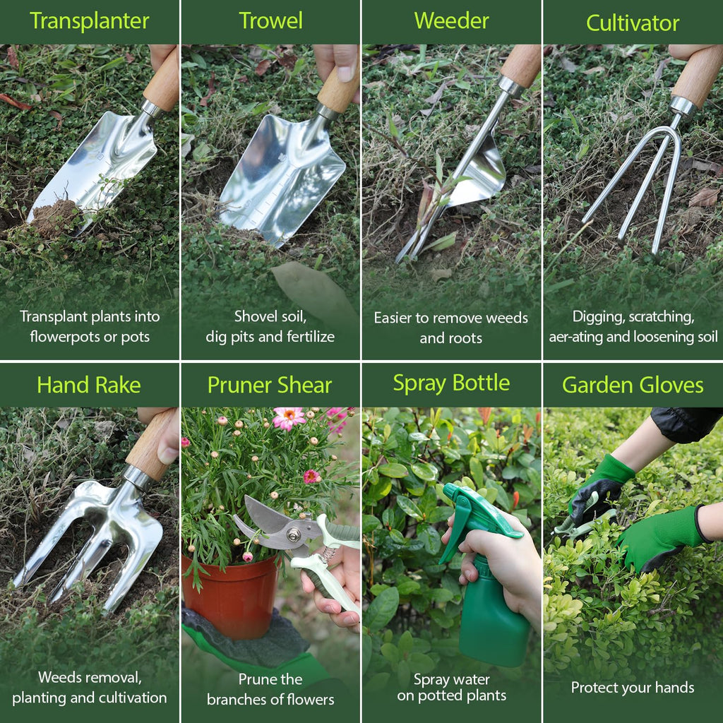 Garden Tool Set, 10 Piece Kit with Heavy Duty Folding Stool, Detachable Storage Tote Bag, Stainless Steel Tools