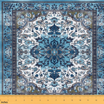 Boho Fabric by The Yard, Teal Blue Mandala Upholstery, Retro Floral Exotic