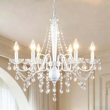 White Crystal Chandelier, 6-Light Candle Style French Chandelier with Clear Crystal, 25" Vintage Modern Farmhouse