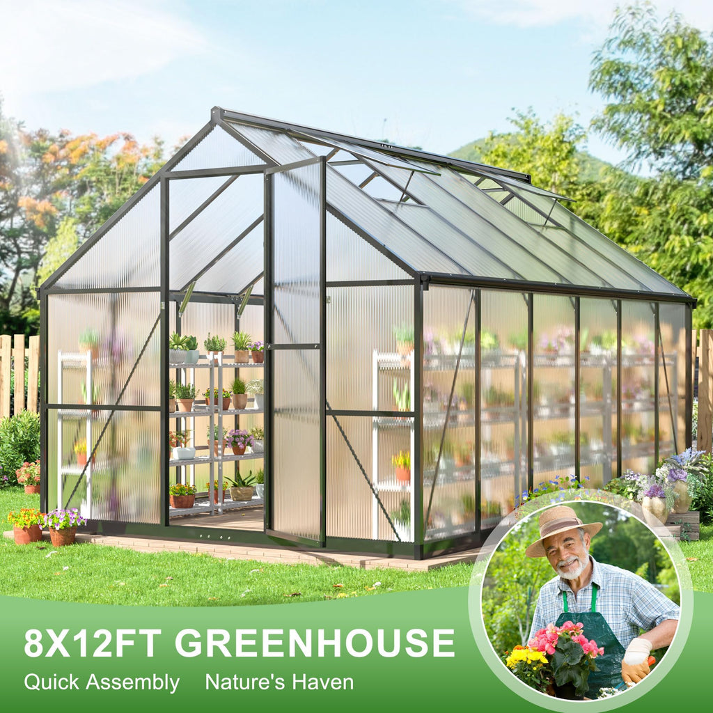 8x12 FT Outdoor Walk-in Polycarbonate Greenhouse