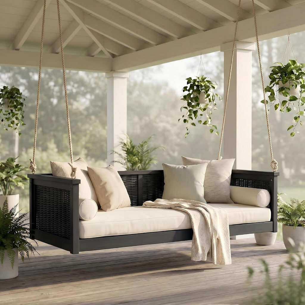 Twin Size Outdoor Porch Swing Bed, Solid Wood Rattan Swing Daybed Frame with Long Ropes , Poolside, Backyard, Black