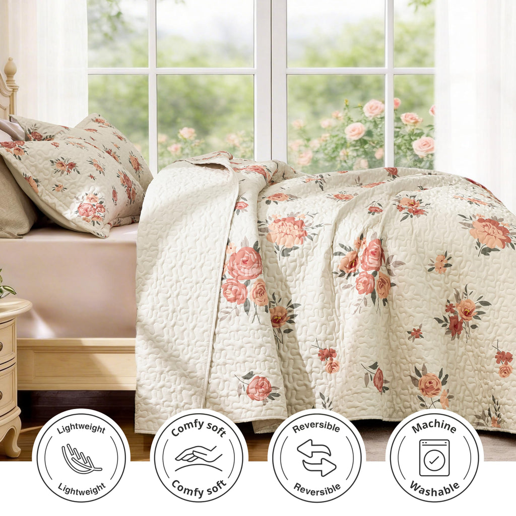 Quilts for Bedding Set Floral Bedspreads- Reversible Floral Comforter, Spring Lightweight Bedspread Quilted