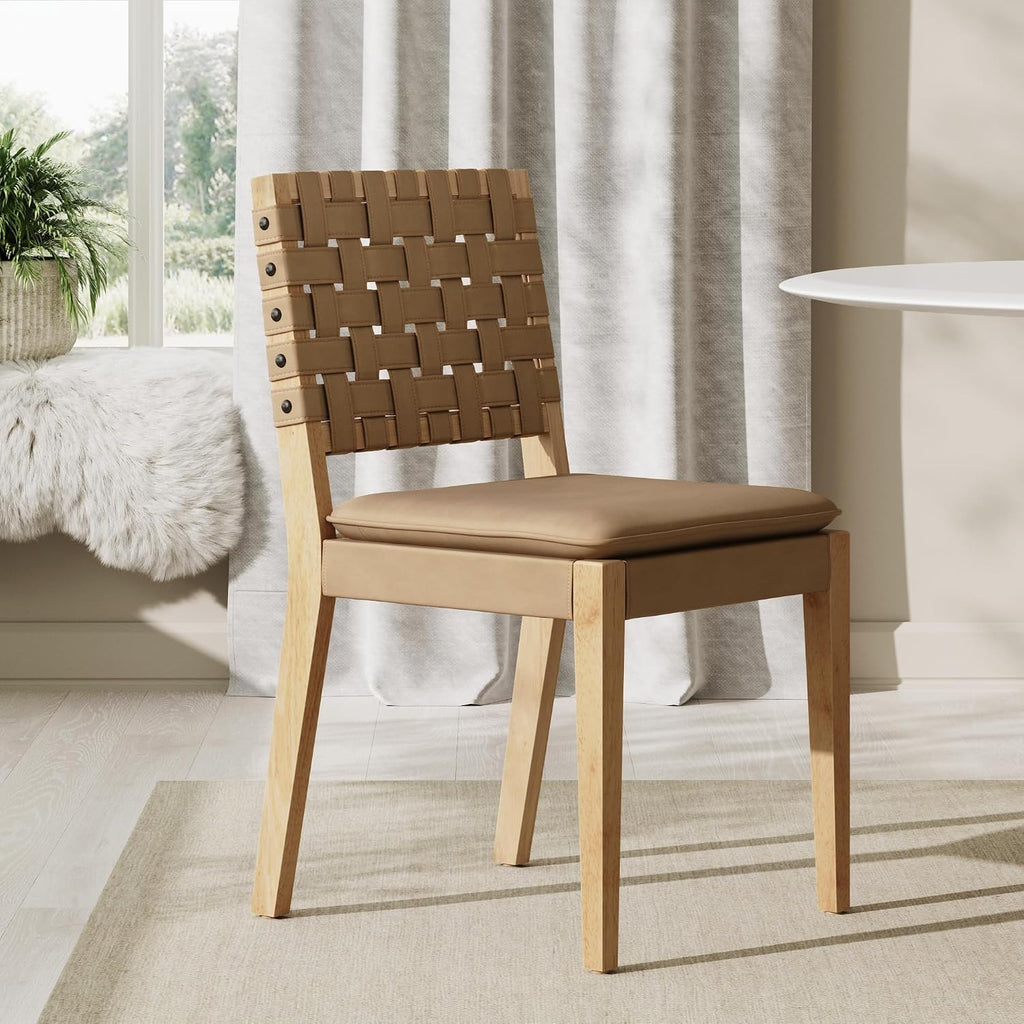 Wood Dining Chair, Mid-Century Modern Upholstered Side Chair with Hand Woven Faux Leather Backrest, 20"D x 18"W