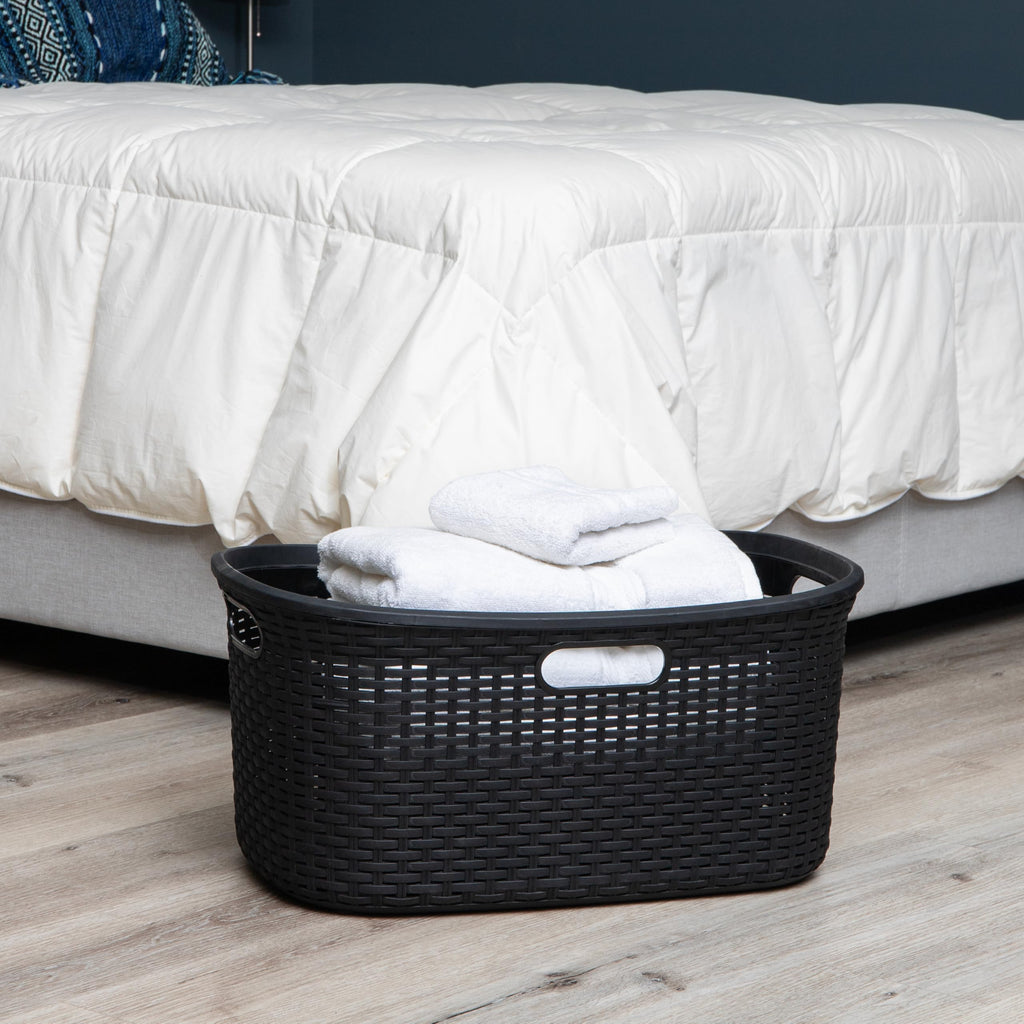 40L Laundry Basket, Clothes Hamper, Premium Wicker Design, Plastic, Black