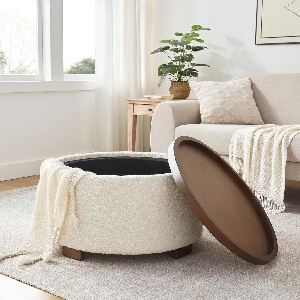 30 Inch Round Storage Ottoman, Ottoman Coffee Table with Lift Off Lid, Boucle Modern Ottomans with Storage s (Beige)
