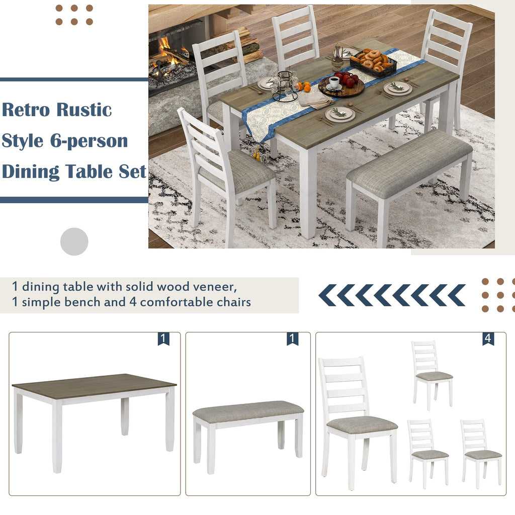 Classic and Traditional Style 6 - Piece Dining Set, Includes Dining Table, 4 Upholstered Chairs & Bench (Brown)