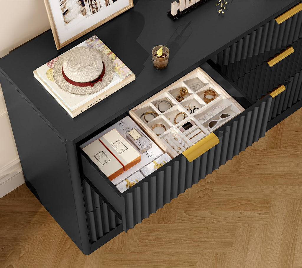 Fluted 6 Drawer Dresser, Wide Modern Chest of Drawers with Metal Handle, Curved Profile Design, Wood Closet Clothes