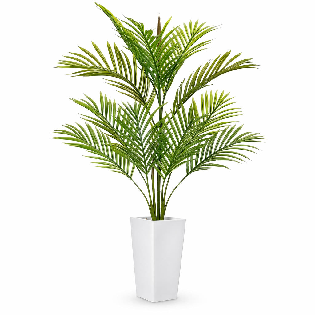 Artificial Palm Tree, 4.5FT Tall Faux Tropical Areca Plants with White Tall Planter, Fake Potted Tree with Lifelike