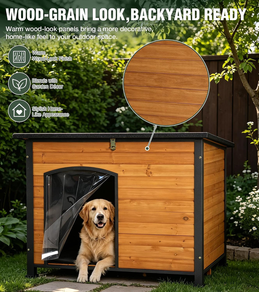 Large Dog House Outdoor with Iron Frame and Hinged Roof