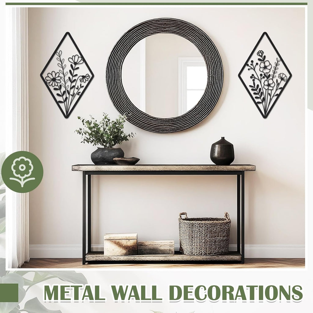 Metal Wall Art, Metal Flower Wall Decor, Black - Set of 2
