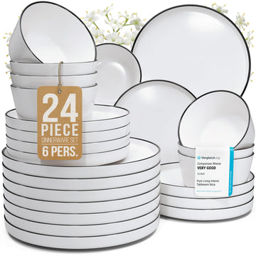 24 Piece Porcelain Dinnerware Set for 6, Handmade Plates and Bowls Set