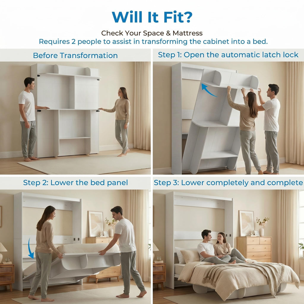 Queen Vertical Wall Murphy Bed with Storage Shelf, White