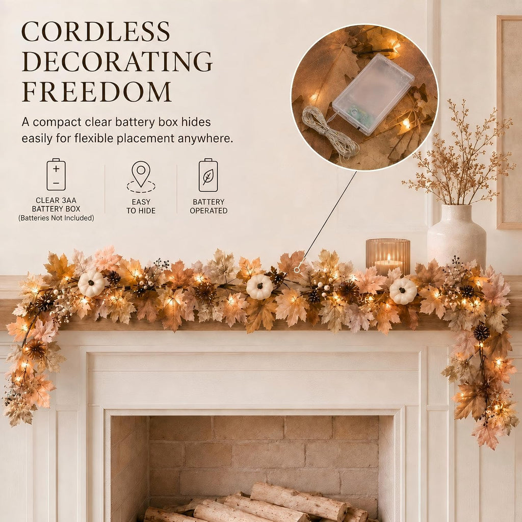 Fall Decor Garland with Lights, 6Ft, 30 Warm LED, White Pumpkins