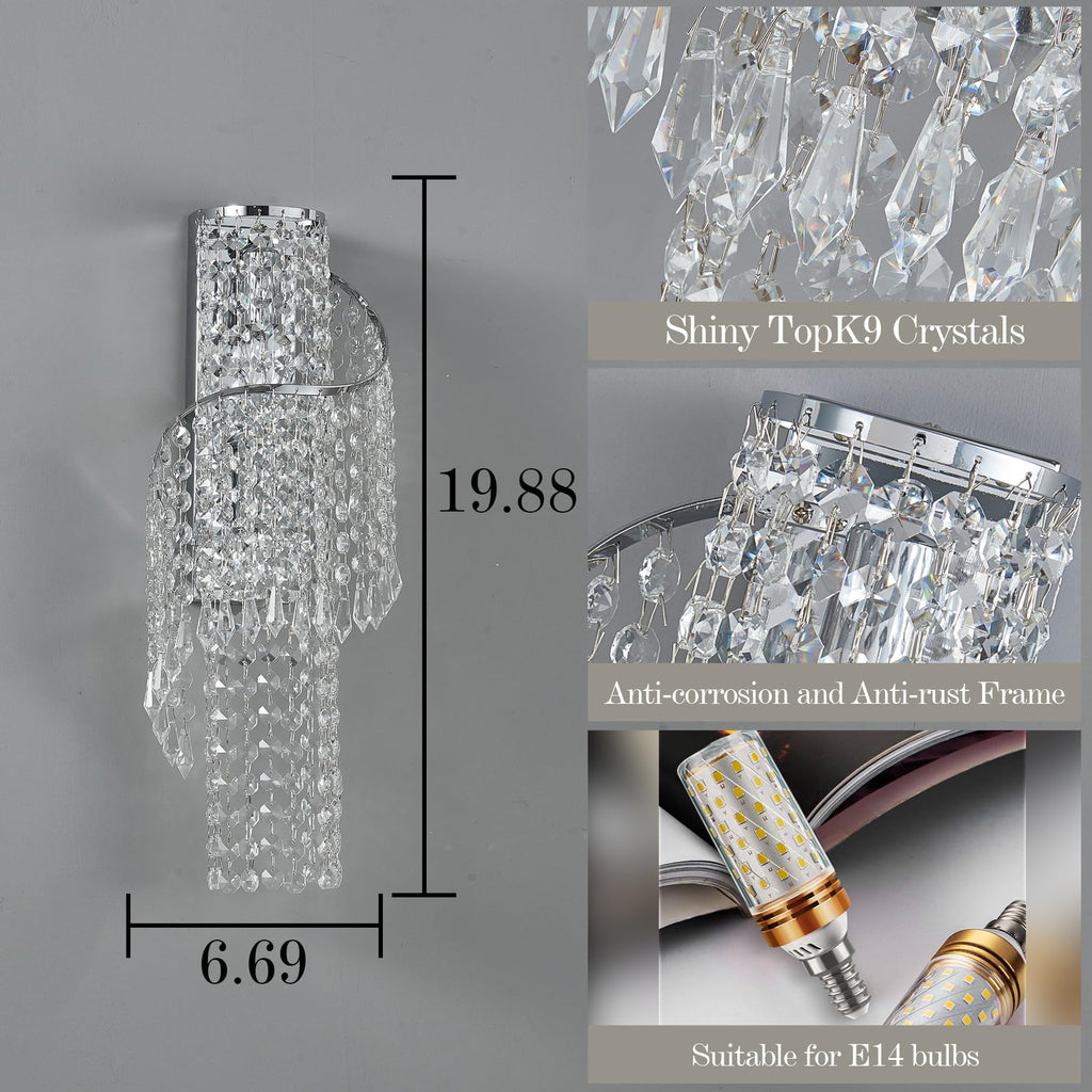 K9 Crystal Chrome Wall Sconces, Adjustable 3-Color LED Wall Light, FixtureVanity Wall Mount Lamps Bedroom Bathroom