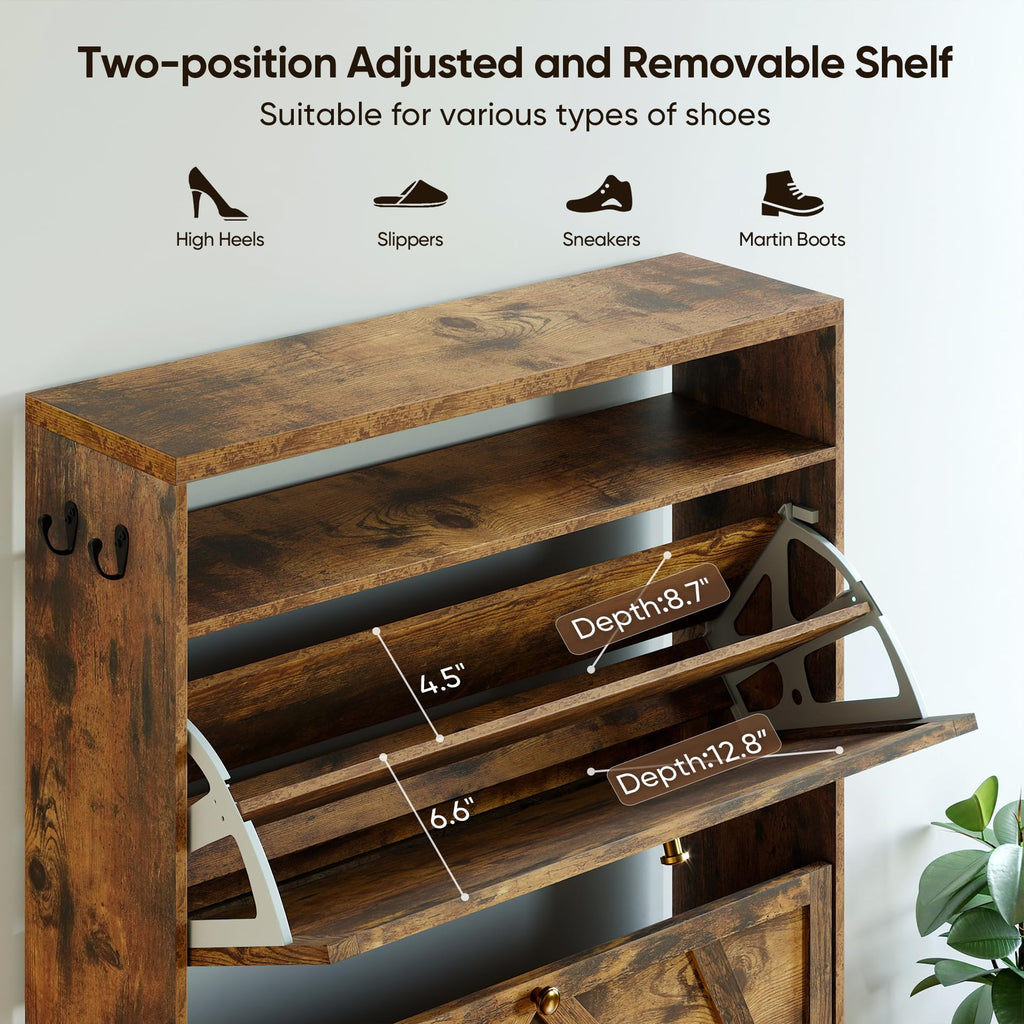 Shoe Storage Cabinet with 2 Flip Drawers, Modern Hidden Shoe Storage Organizer, Narrow Wooden Freestanding Shoe Rack