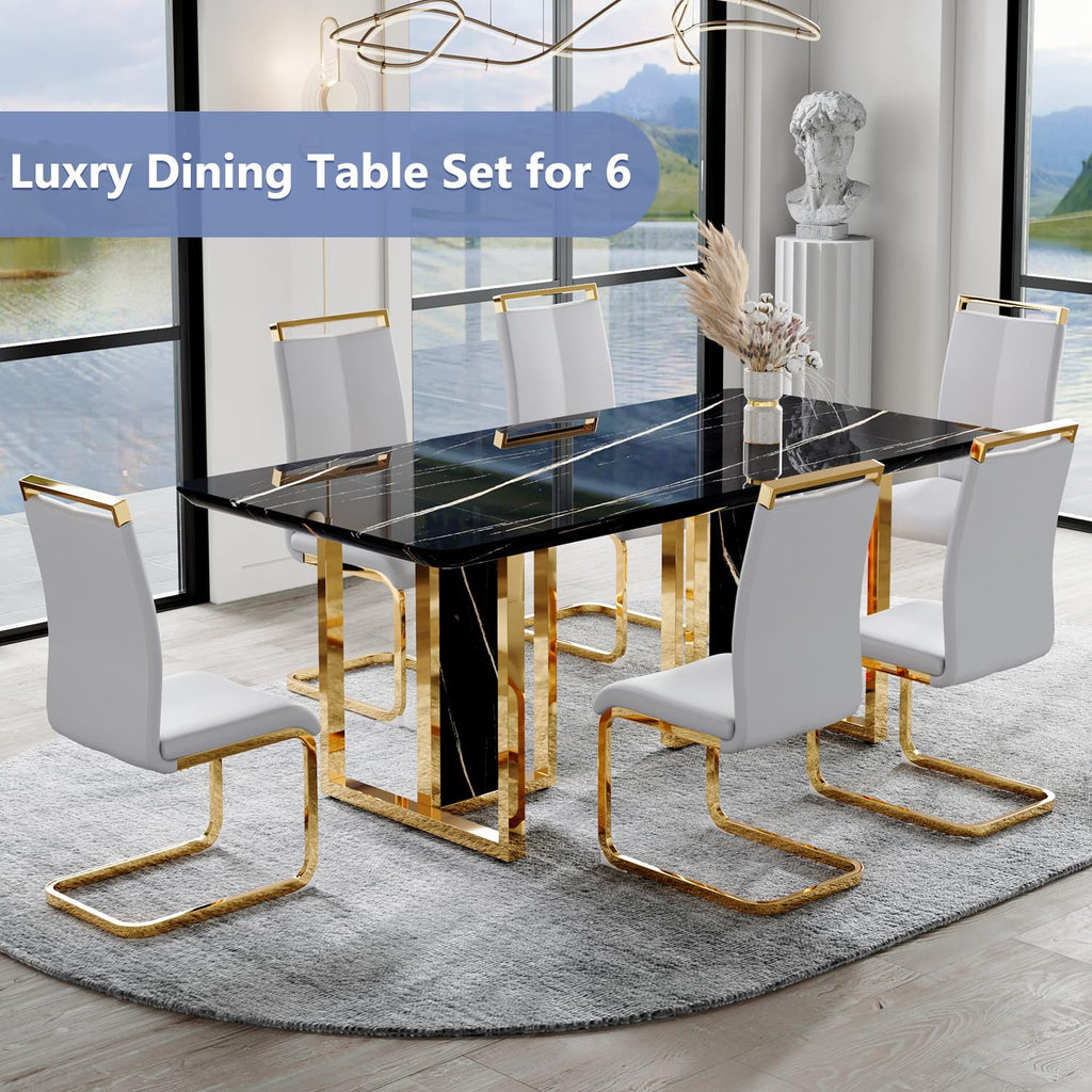 67-Inch Dining Table Set for 6, Black Faux Marble, Light Gray Chairs