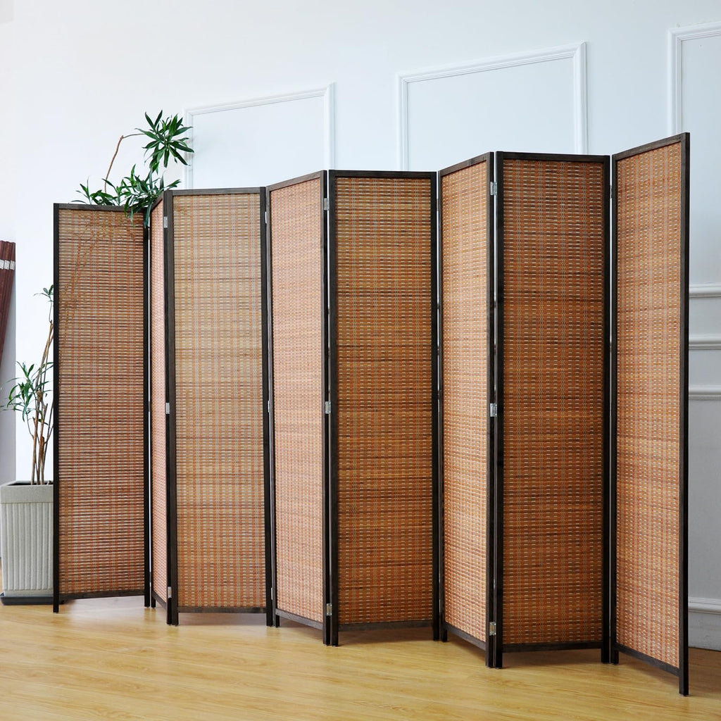 8 Panel Bamboo Room Divider - Natural Brown 5.6 ft Tall Folding Privacy Screen, Freestanding Partition Wall for Room