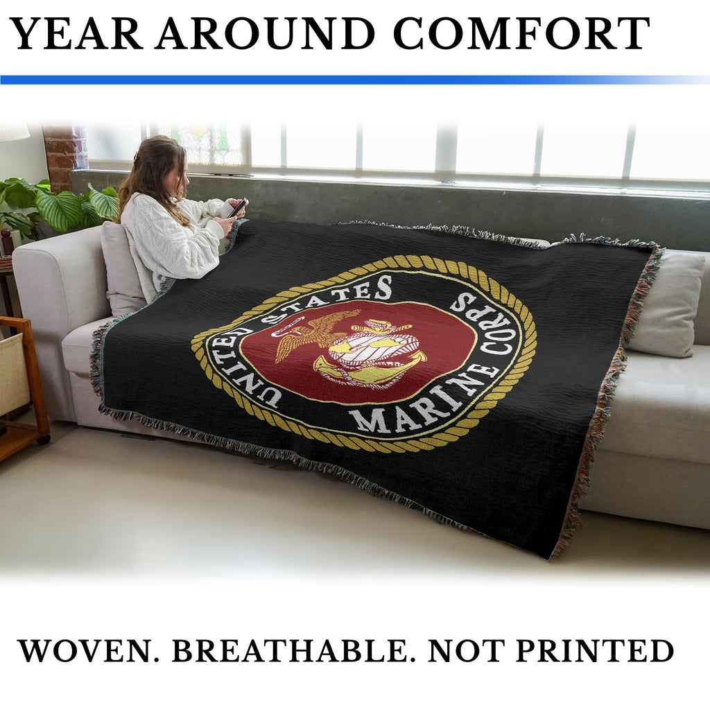 US Marine Corps - Emblem Blanket - Gift Military Tapestry Throw Woven from Cotton - Made in the USA (72x54)