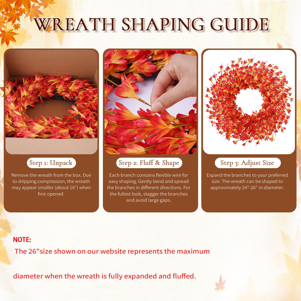 26 Inch Fall Wreath for Front Door, Autumn Thanksgiving Decor (Orange)