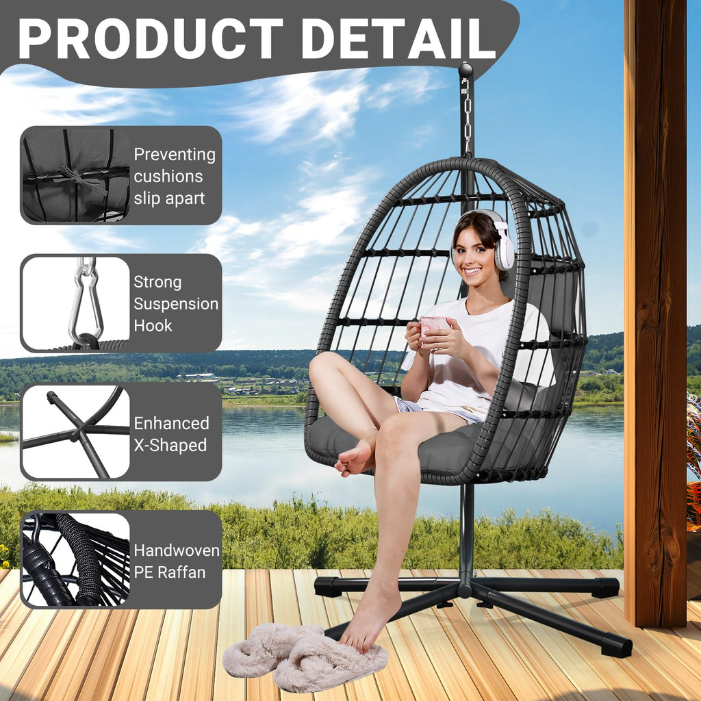 Hanging Egg Chair with Stand, Patio Rattan Wicker Swing Chair, Oversized Hammock Seat Porch Garden, Thickened Steel
