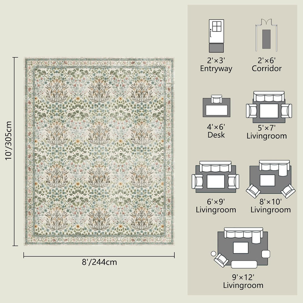 Washable Area Rug 8x10 - Vintage Floral Living Room Rug (Under Table), Bedroom - Stain Resistant, Soft Low Pile