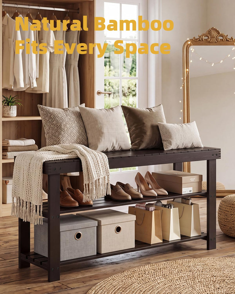 Sturdy Bamboo Shoe Rack Bench, 3-Tier Shoe Organizer, Storage Shelf Hallway Bathroom Living Room (Dark Brown)