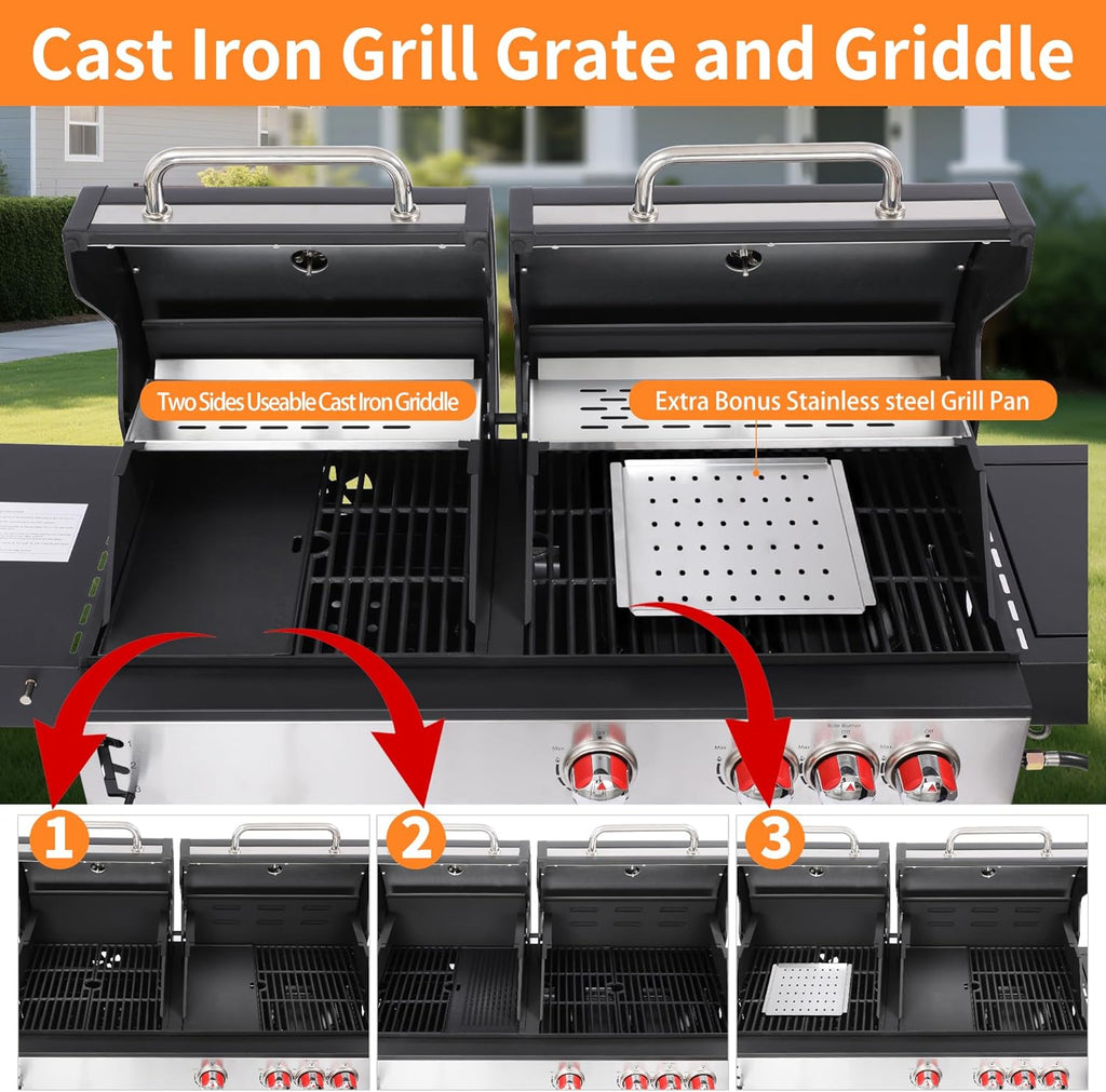 Charcoal and Propane Gas Grill Combo with Side Burner, Dual Fuel BBQ Grill with Porcelain-Enameled Cast Iron Grates