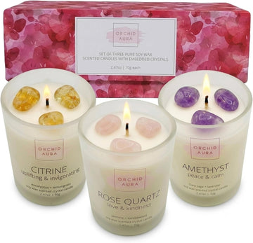 Soy Candles with Healing Crystals. Citrine, Rose Quartz, Amethyst Crystal. - Set of 3