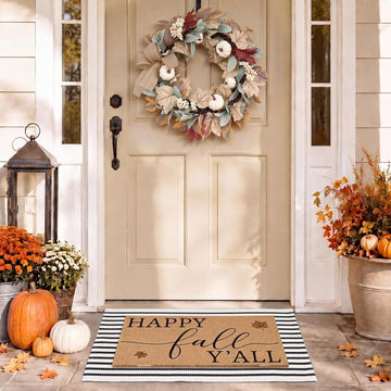 Front Door Mat Wreath Set, 3 Pcs, for Porch, 29.9'', Fall Leaf | Leaf Pumpkin Black Farmhouse Faux Coir Doormat