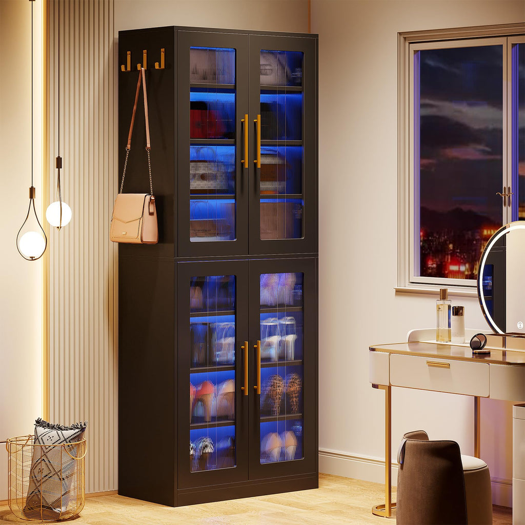 Black Shoe Storage Cabinet with Acrylic Doors and LED Lights, 8-Tier Tall Entryway Shoe Organizer Rack with