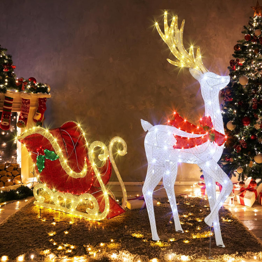 5.4 FT Christmas Lighted Reindeer & Santa's Sleigh Set Decorations