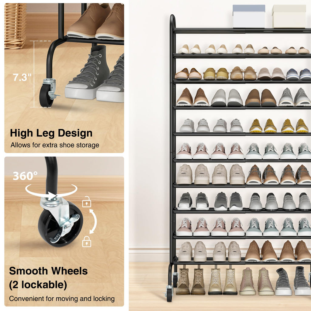 10-Tier Expandable Tall Shoe Rack for Garage, 44 Pairs, Black
