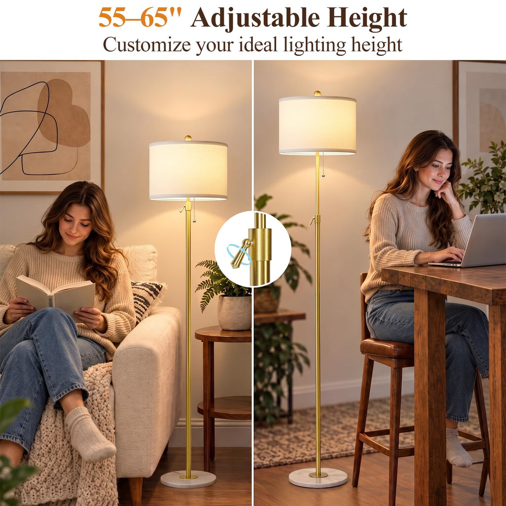 Gold Floor Lamp with Marble Base, 56-65" Height Adjustable Pole Lamp