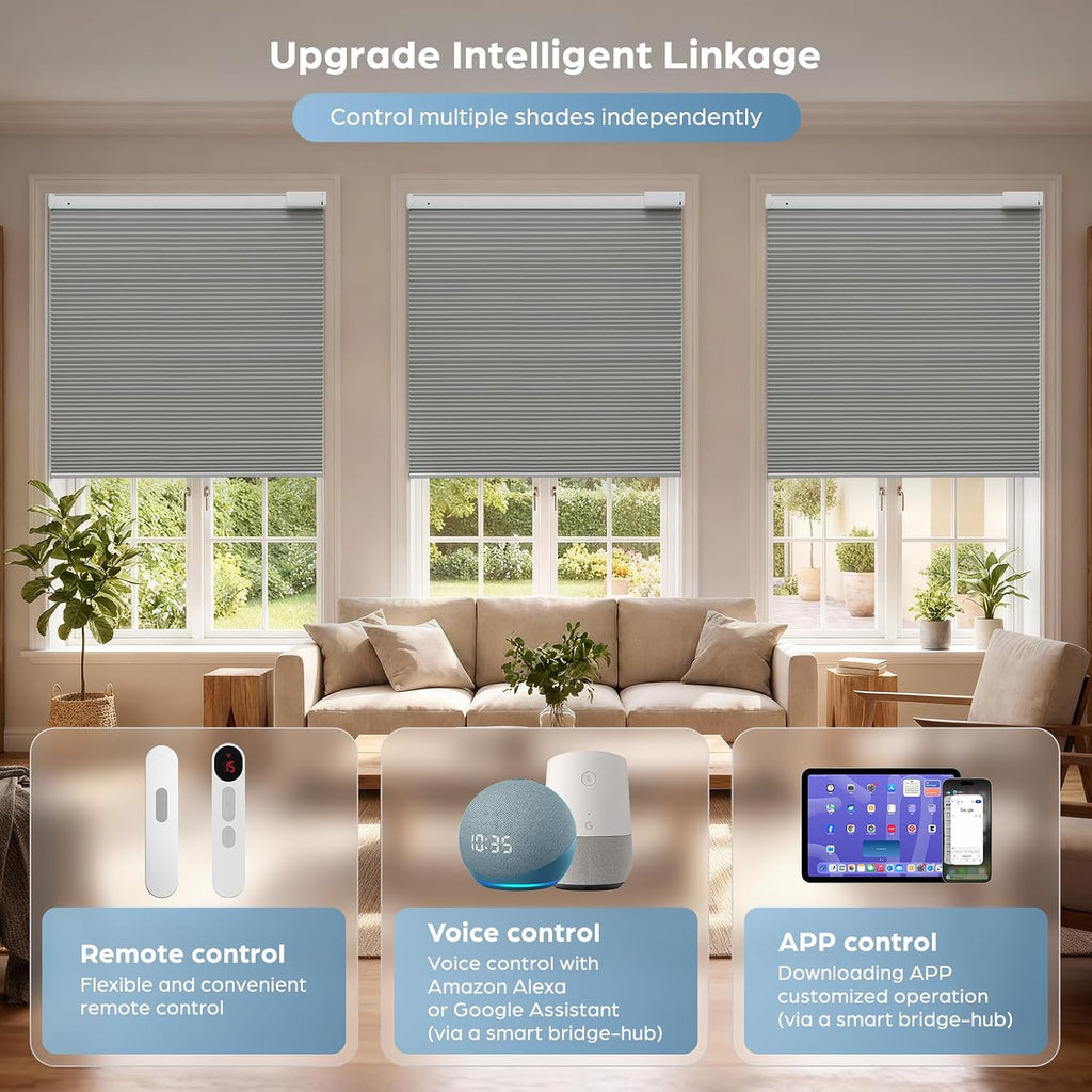 Motorized Cellular Shades with Remote,No Drill Smart Blackout Honeycomb Blinds, Cordless Automatic Electric Window