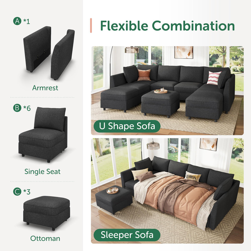 Modular Sectional Sofa with Storage, U Shaped Couch Modular Convertible Sectional Couches - Linen Grey
