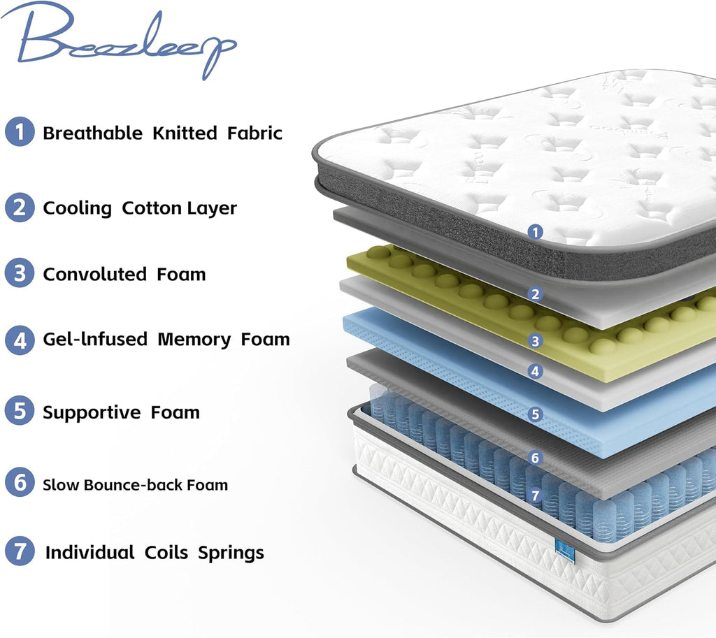 Queen Mattress, 12 Inch Cooling Hybrid Queen Size Mattress in a Box, Medium Firm with Gel Memory Foam & Pocket Coils