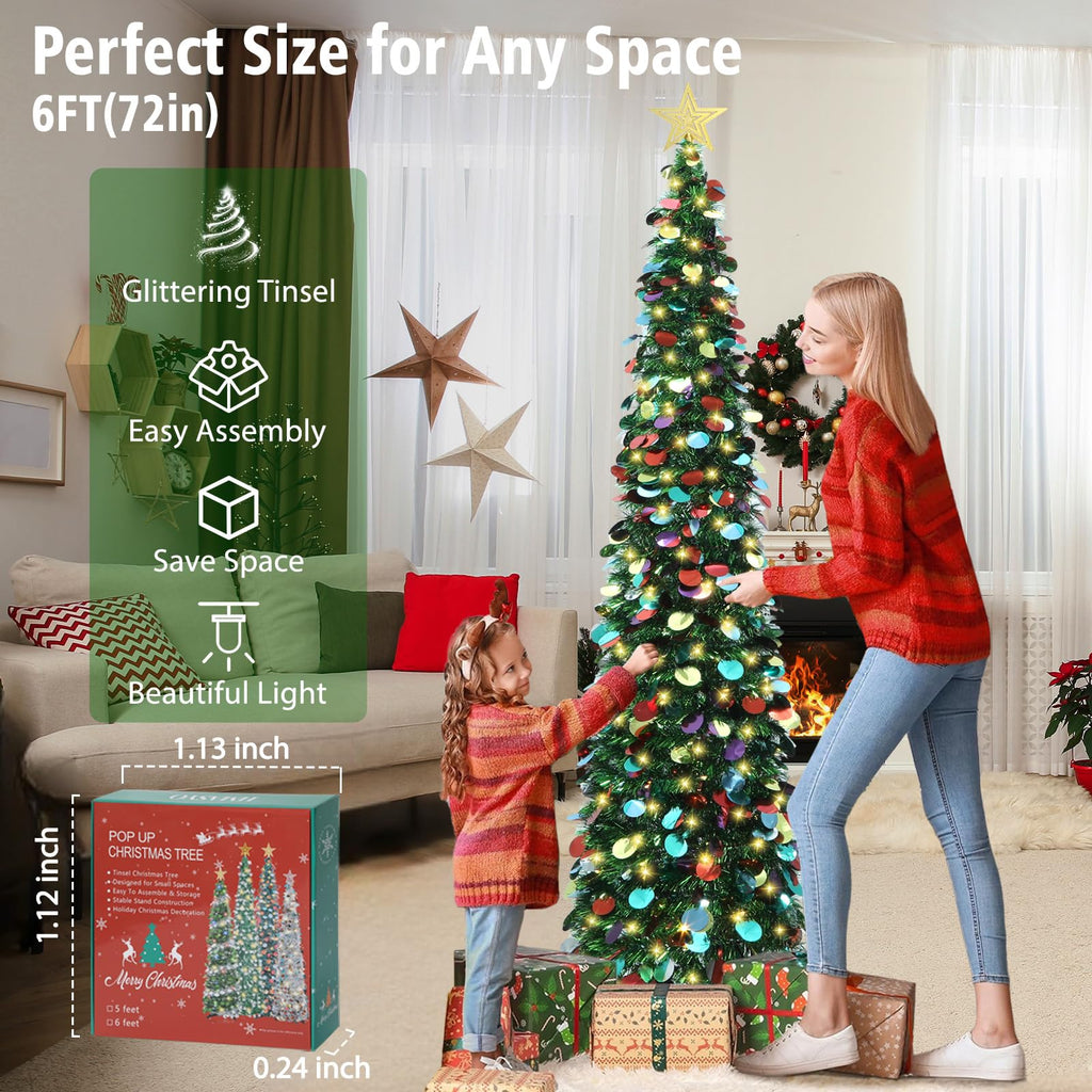 6 FT Pop Up with 100 LED Timer Lights & Remote, Green Christmas Tinsel Tree, Collapsible Artificial Pencil Tree Party