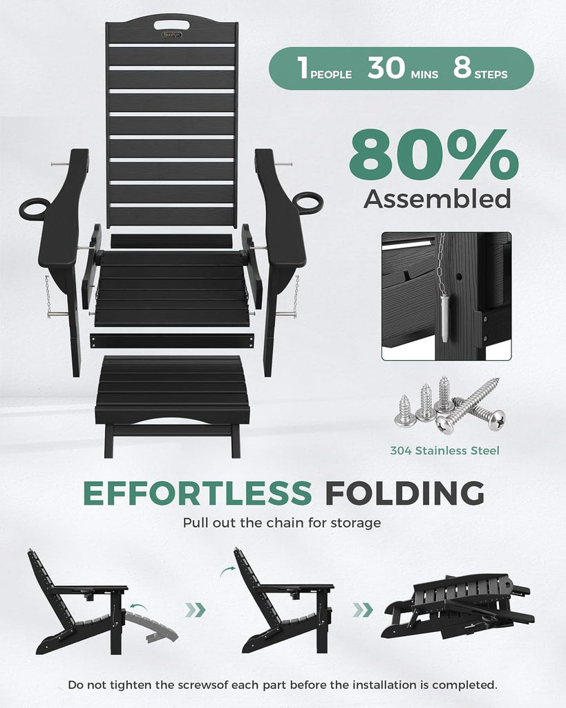 Folding Adirondack Chair with Retractable Ottoman Weather Resistant Fire Pit Chair Patio Chair with 2 Cup Holder Lawn